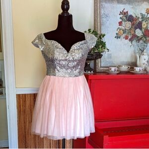 B Darlin Sparkling Silver and Soft Pink Mini Fit And Flare Dress